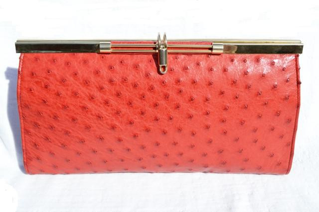 Timeless 1960's-70's Ceyenne Red Classic Style Ostrich Skin Clutch Shoulder Bag
