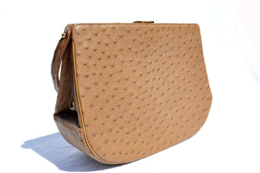 British Tan RENDL 1950's-60's GENUINE OSTRICH Skin Handbag - I. MAGNIN