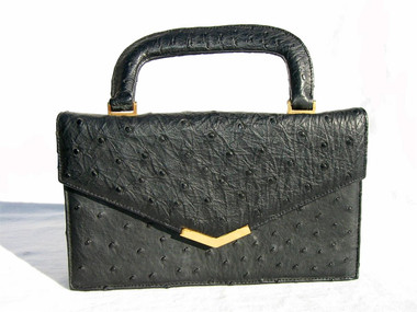 Petite JET BLACK 1950's-60's OSTRICH Skin Handbag - KORET