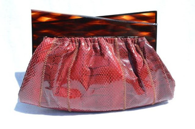 RED 1960's VARON Deco Style Python Snake Skin Clutch w/Lucite Frame