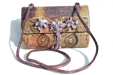1970's PURPLE PYTHON Snake Skin SHOULDER Bag - FLOWERS - Varon