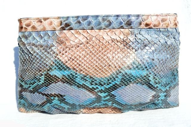 1980's TURQUOISE PINK & BLUE PYTHON Snake Skin Clutch Shoulder Bag - Zenith