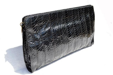 Huge 15" 1970's-80's Jet Black COBRA Snake Skin CLUTCH - Morris Moskowitz