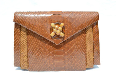1960's-70's Butterscotch COBRA & KARUNG Snake Skin Clutch Purse Shoulder Bag - JACOMO