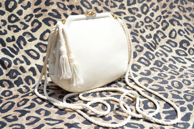 1980's-90's CREAM Karung Snake Skin Clutch CROSS Body Shoulder Bag - JUDITH LEIBER