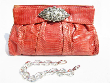 SALMON/Lt. RED 1980's COBRA Snake Skin CLUTCH Bag - J RENEE