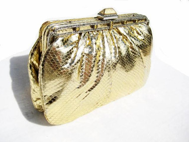 Jeweled METALLIC GOLD 1970's COBRA Snake Skin Bag - LEIBER