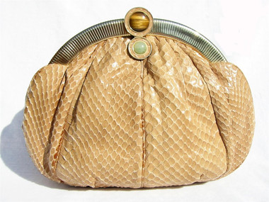 1980's-90's TAN Deco COBRA Skin Clutch Bag - JUDITH LEIBER