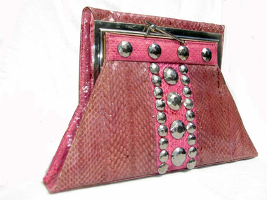 Studded PINK 1960's COBRA Snake Skin Clutch Purse - JACOMO - Silver!