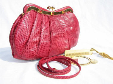 Lovely CRANBERRY RED 1980's JUDITH LEIBER Karung Snake Skin CLUTCH