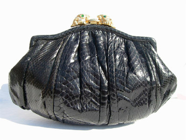 SHARIF 1980's BLACK Snake Skin CLUTCH Bag - JEWELED ANIMALS!
