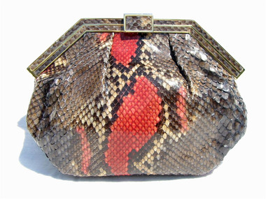 1980's SLATE BLUE & RED PYTHON Snake Skin Clutch - COLOMBETTI