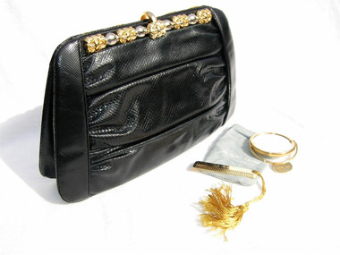 Jet Black 1980's-90's JUDITH LEIBER Karung Snake Skin CLUTCH
