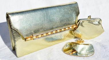 Metallic GOLD JEWELED 1970's LIZARD Skin CLUTCH Shoulder Evening Bag - LA JEUNESSE