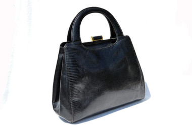 Gorgeous 1990's Jet Black Lizard Skin Handbag Shoulder Bag - SUAREZ
