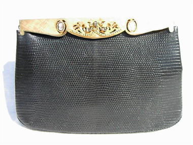 BLACK 1950's-60's ROSENFELD Lizard Skin Handbag w/CAMEOS & JEWELS
