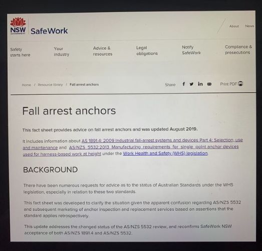 Australian Standards 1891.4 2009 Roof Anchor Point Regulations