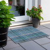 2' X 3' Blue Teal and Gray Plaid Washable Non Skid Indoor Outdoor Area Rug