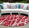 8' Round Red and White Round Abstract Washable Non Skid Indoor Outdoor Area Rug