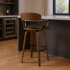 30" Black And Wood Brown Faux Leather Swivel Low Back Bar Height Bar Chair