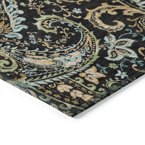 2' X 3' Black and Gold Paisley Washable Indoor Outdoor Area Rug