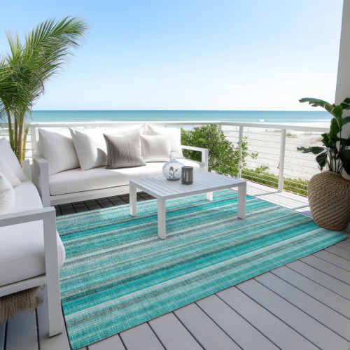 9' X 12' Teal and Gray Striped Washable Non Skid Indoor Outdoor Area Rug - 608219376567