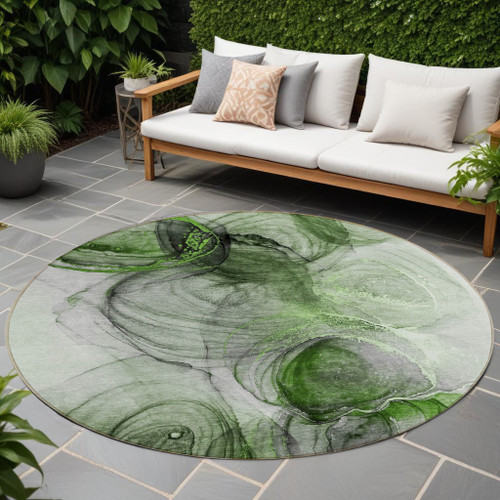 8' Round Olive Green Round Abstract Washable Non Skid Indoor Outdoor Area Rug