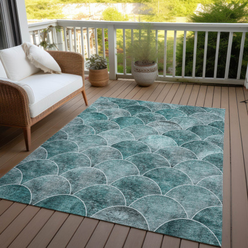 8' X 10' Teal Blue Aqua And Gray Abstract Washable Indoor Outdoor Area Rug - 608219060848
