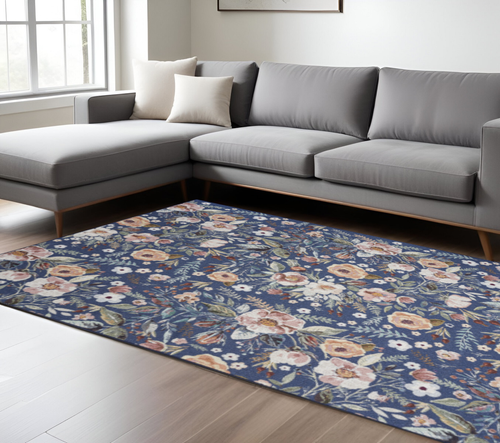 9' X 12' Blue Pink And Green Floral Distressed Washable Area Rug