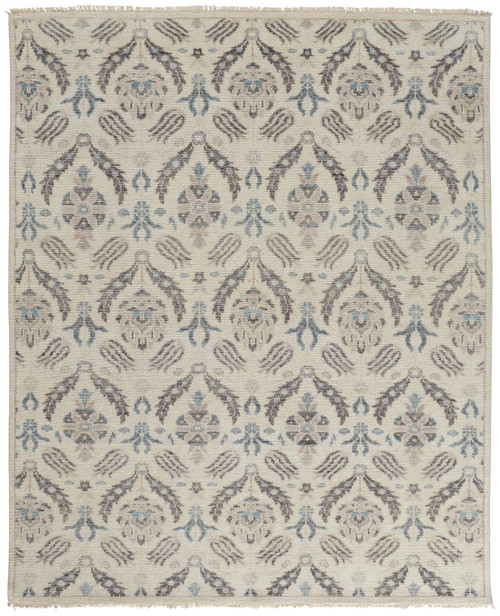 5' X 8' Ivory Gray And Blue Wool Floral Hand Knotted Stain Resistant Area Rug - 606114122777