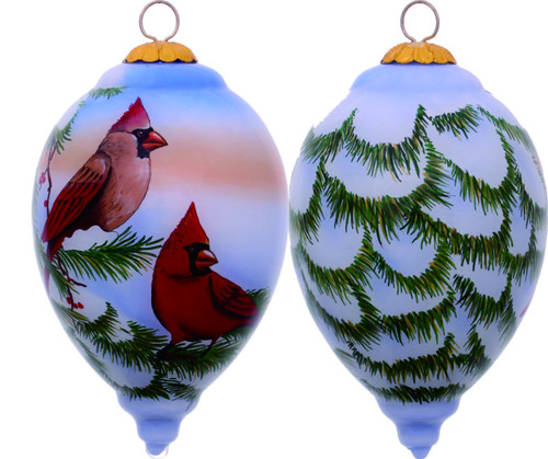 Perched Winter Cardinal Hand Painted Mouth Blown Glass Ornament - 606114637844