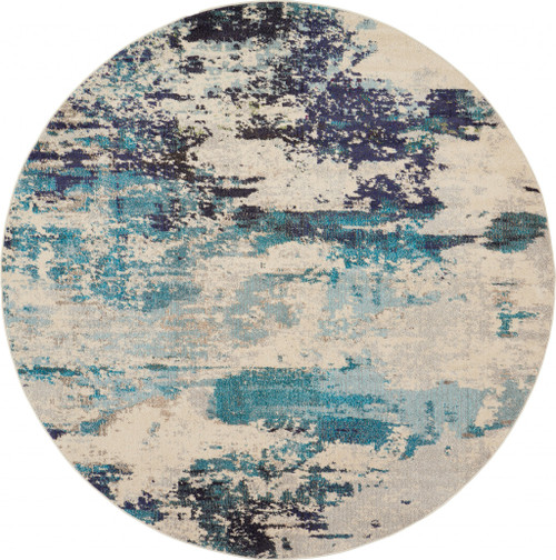 8' X 8' Ivory And Teal Blue Round Abstract Power Loom Non Skid Area Rug - 606114459163