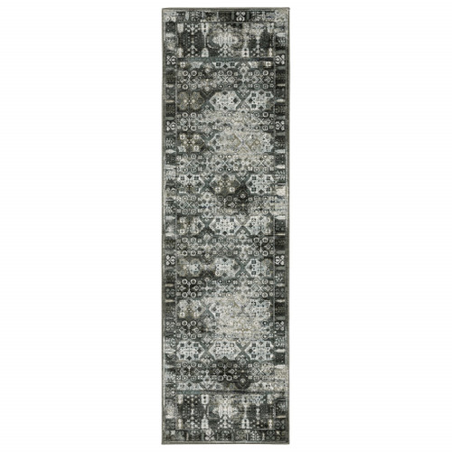 2' X 8' Charcoal Grey Blue Ivory And Taupe Oriental Power Loom Stain Resistant Runner Rug - 606114601104