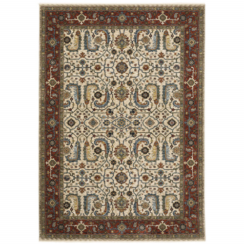 3' X 5' Ivory Red Green Grey Blue And Navy Oriental Power Loom Stain Resistant Area Rug With Fringe - 606114585411