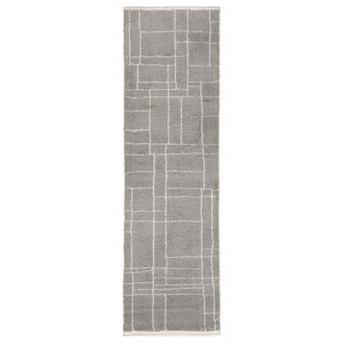 2' X 8' Grey And Ivory Geometric Shag Power Loom Stain Resistant Runner Rug - 606114613930