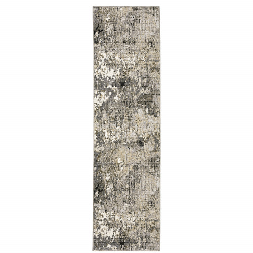 2' X 8' Grey Ivory Beige Charcoal Black Tan And Brown Abstract Power Loom Stain Resistant Runner Rug - 606114608127