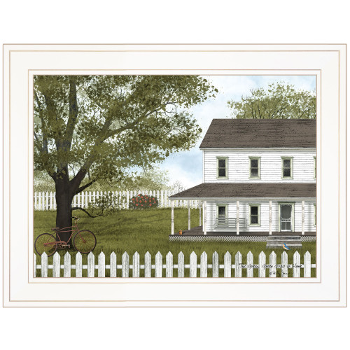 White Farmhouse with Picket Fence White Framed Print Wall Art - 606114034889