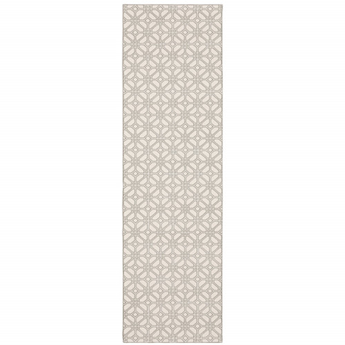 2' X 8' Ivory And Grey Geometric Power Loom Stain Resistant Runner Rug - 606114618232