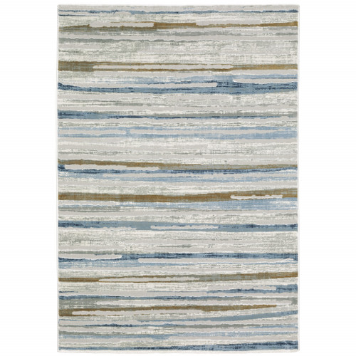 2' X 8' Grey Blue Ivory Brown Beige And Navy Abstract Power Loom Stain Resistant Runner Rug - 606114599685