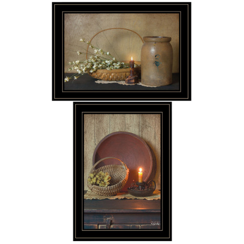 Set Of Two Candle Light And Flowers Black Framed Print Wall Art - 606114073307