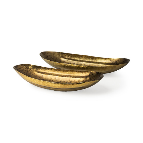 Set Of Two Gold Boat Shaped Hammered Bowls - 808230023154