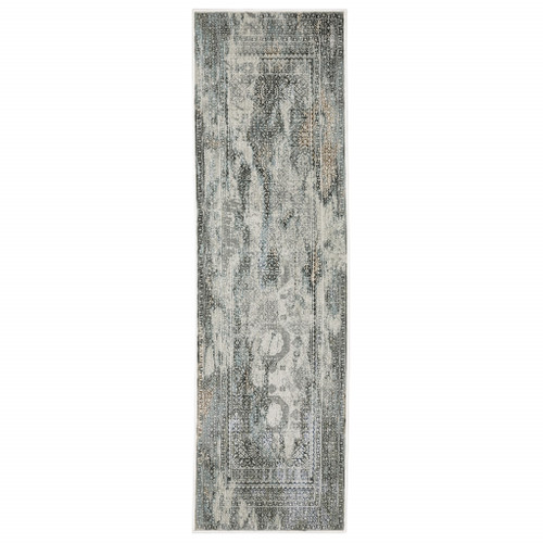 2' X 8' Ivory Grey Charcoal Blue And Rust Oriental Power Loom Stain Resistant Runner Rug - 606114600923