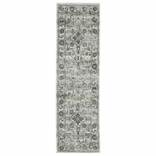 2' X 8' Ivory Grey Charcoal Blue And Taupe Oriental Power Loom Stain Resistant Runner Rug - 606114601043