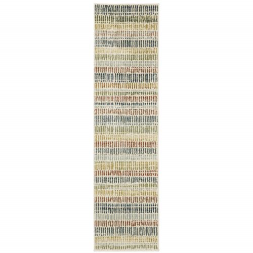 2' X 8' Ivory Blue Green Red And Gold Geometric Power Loom Stain Resistant Runner Rug - 606114618096