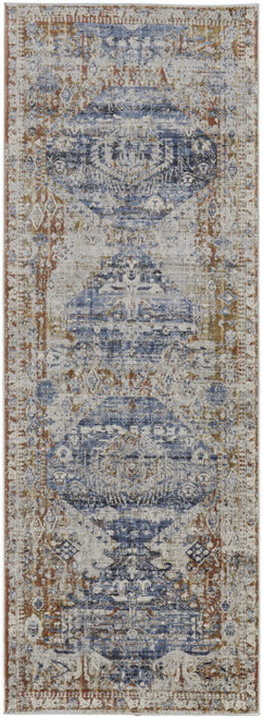 10' Ivory Orange And Blue Floral Power Loom Distressed Runner Rug With Fringe - 606114132066