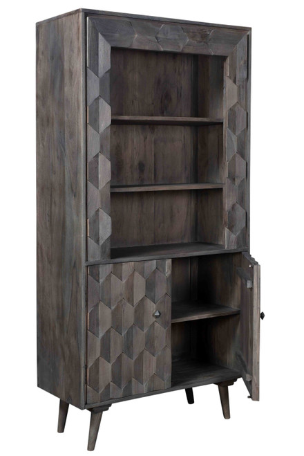 70" Dark Gray Distressed Solid Wood Three Tier Two Door Bookcase - 606114152958