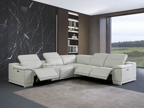 Light Gray Italian Leather Power Recline L Shape Six Piece Corner Sectional With Console - 606114151449