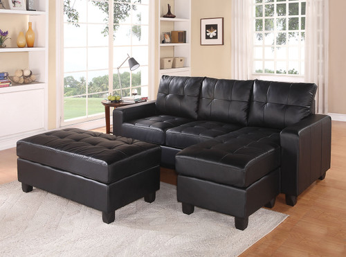 83" X 57" X 35" Black Bonded Leather Match Sectional Sofa With Ottoman - 689211815155