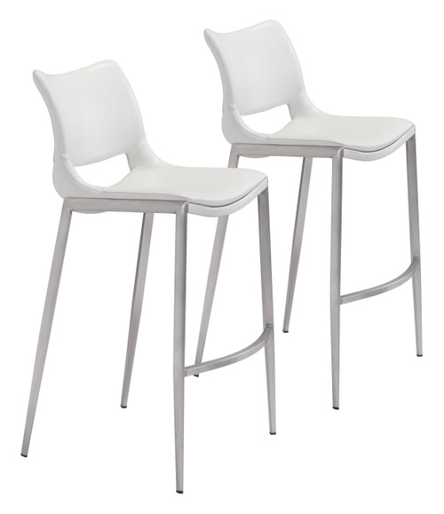 Set of Two White Faux Leather and Silver Mod Ergo Bar Chairs - 808230065758