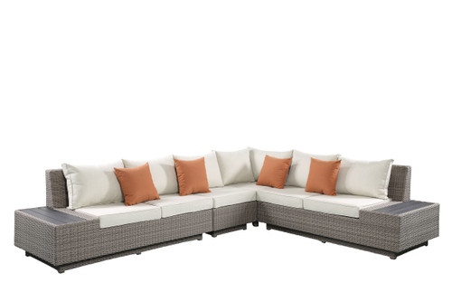 126" X 100" X 30" Beige Fabric And Gray Wicker Patio Sectional And Cocktail Table - 614486162581